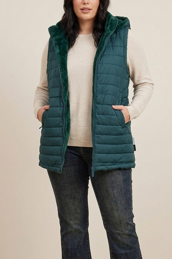 Woman wearing an emerald green quilted puffer gilet with dark faux fur lining and a hood.