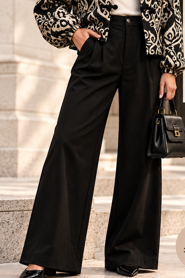 Woman styling wide-leg trousers with a patterned jacket in a neutral fashion campaign